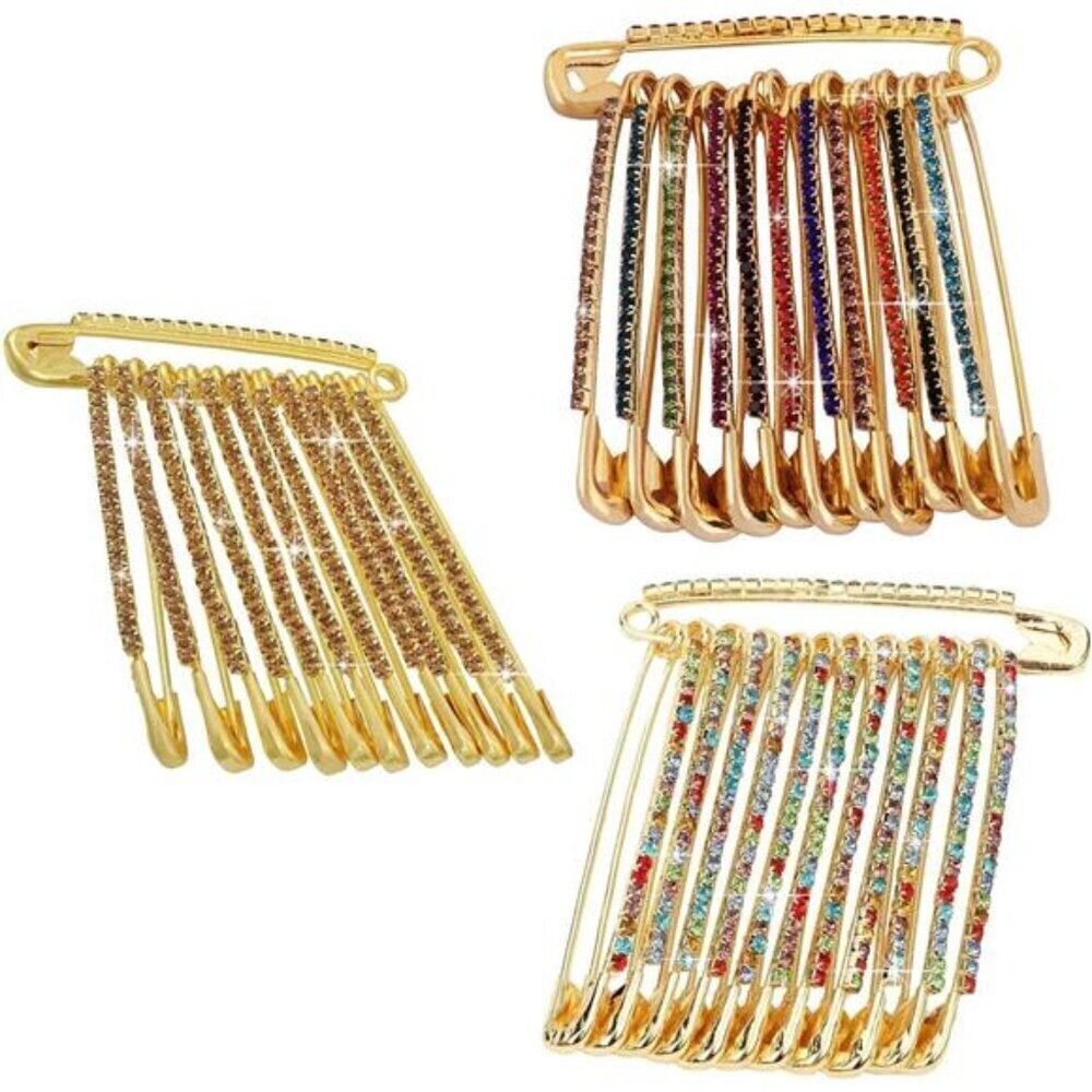 Rhinestone Safety Pin Set 3 Packs of 12 Decorative Sparkly Safety Pin for Clot